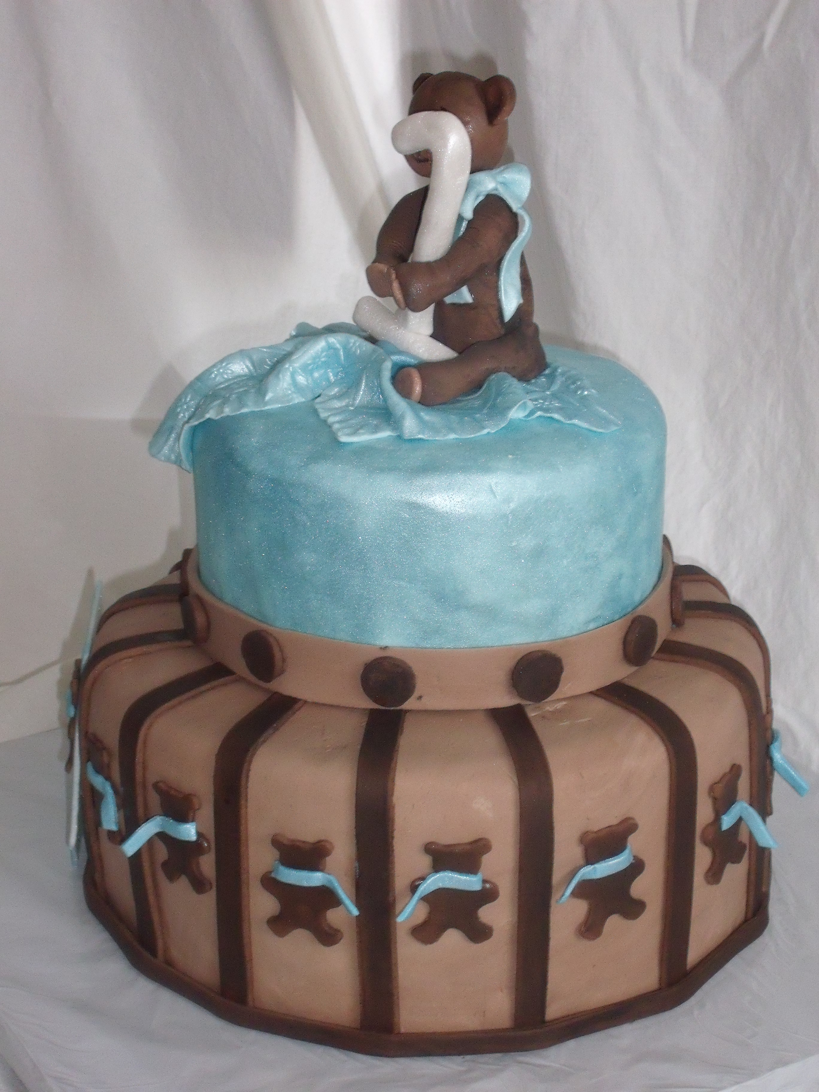 Blue And Brown Teddy Bear Themed Baby Shower Cake Designed By Kate