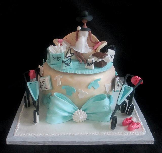 Baby Shower Cake for Jogger and Fashionista with Pregnant Figure, Books, Jogging Stroller Main View
