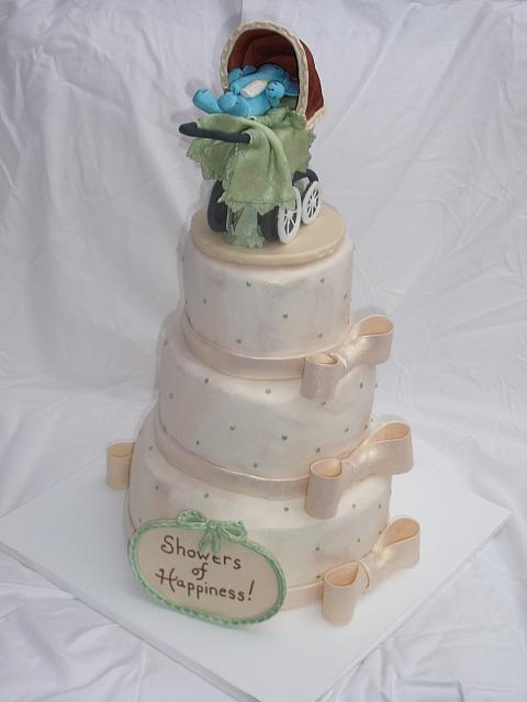 Baby Shower Cake in Ivory with old fashioned or old time carriage showing plaque