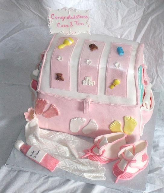Baby Diaper Bag Cake For Baby Shower With Edible Gumpaste Baby Shoes, Baby Blanket, Baby Decorations Main View