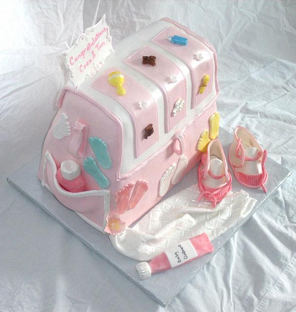 Baby Diaper Bag Cake For Baby Shower With Edible Gumpaste Baby Shoes, Baby Blanket, Baby Decorations Top Angle
