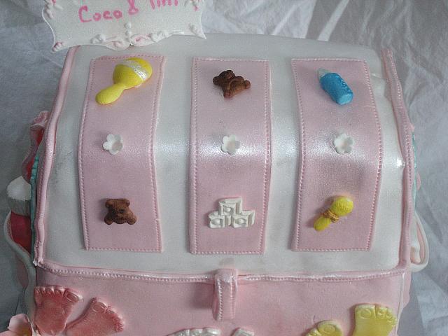 Baby Diaper Bag Cake For Baby Shower With Edible Gumpaste Baby Shoes, Baby Blanket, Baby Decorations Top Close Up