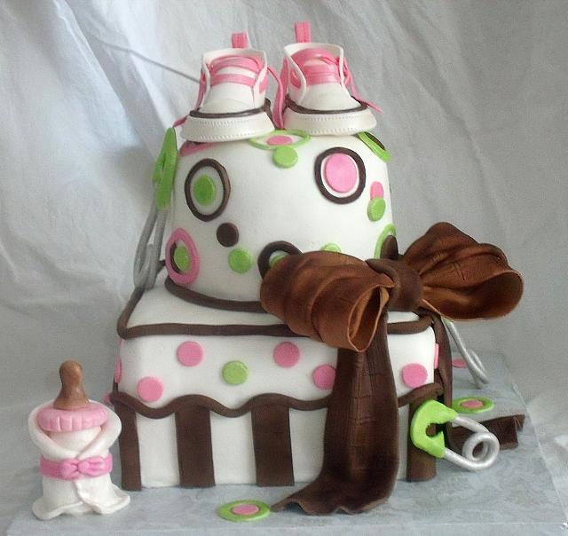 Baby Shower Whimsical Baby Bottle Shoes Safety Pins Cake Front