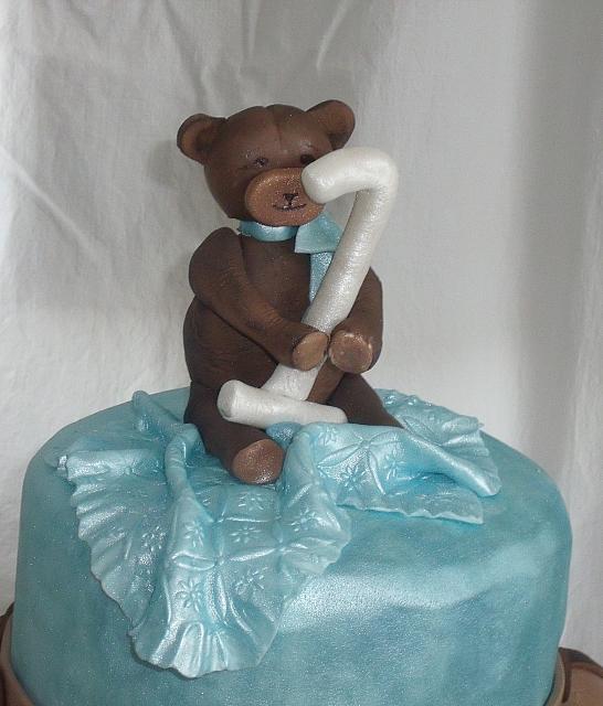 Close up of edible gumpaste teddy bear decoration for baby shower cake