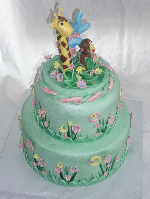 Safari or Zoo Themed Green, Pink, and Yellow Baby Shower Cake with edible Giraffe, Monkey, and Circus Elephant view 2