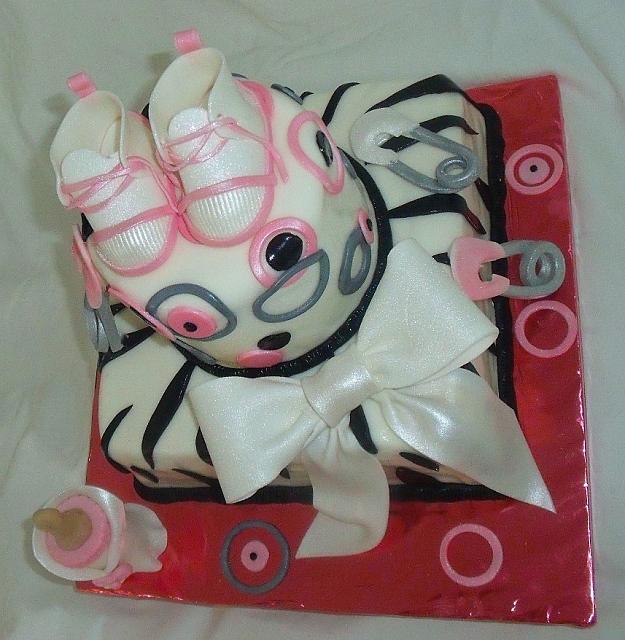 Whimsical Pink, Grey, Black, and White Zebra Striped Baby Shower Cake right side