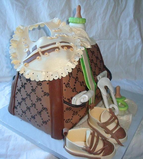 Green, Ivory, and Brown Baby Diaper Bag Fondant Cake view 2