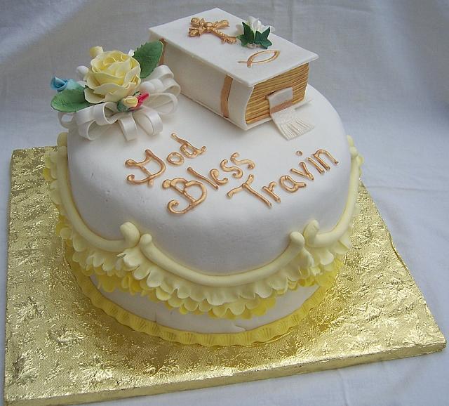 Christening Cake With Edible Bible and Edible Flowers