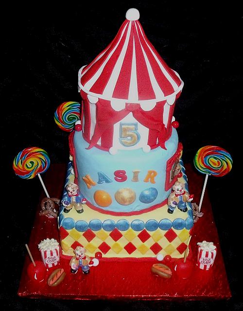 Circus or Carnival Themed Fondant Cake with Edible Clowns, Tent, Animals, and Miniature Carnival Food main view