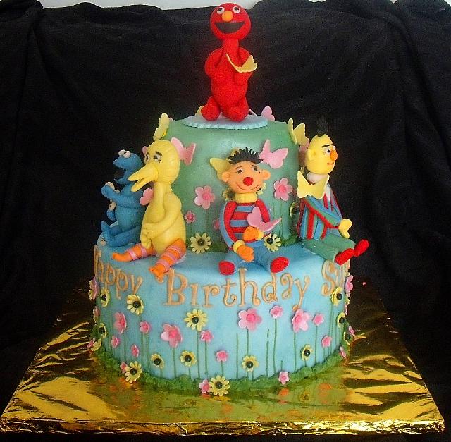 Sesame Street Garden Theme Fondant Cake with Elmo, Cookie Monster, Big Bird, Bert, and Ernie - main view
