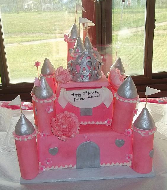 Pink and Silver Castle Fondant Cake with Edible Towers, Princess Crown, and Peony Flowers