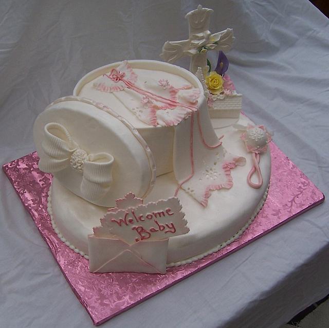 Side view of Baby Girl Shower Cake for Baptism or Christening