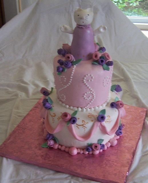 Alannah's Miss Kitty Birthday Cake - fondant roses, gold luster dusted painted on with lemon extract.  Kitty is all edible.