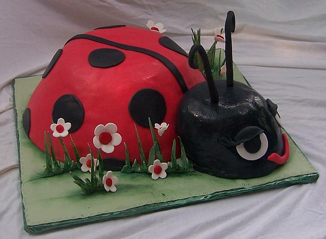 Side view of lady bug cake.  Flowers and grass are made out of gumpaste and then the grass was luster-dusted.