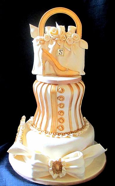 Fashionista Gold Ivory Purse Shoe Corset Tiered Fondant Cake Main