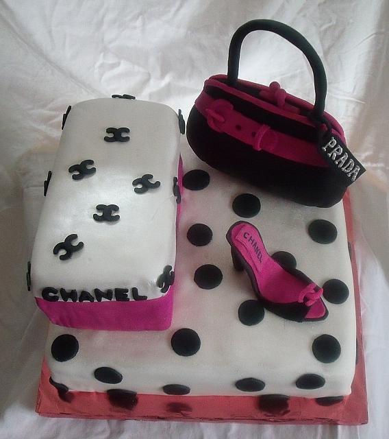 Hot Pink and Black Polka dot Shoebox, Purse, Shoe Cake top view