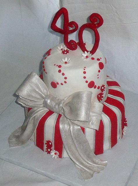 40th Anniversary Whimsical Silver Red Stripes Bow Cake view 2
