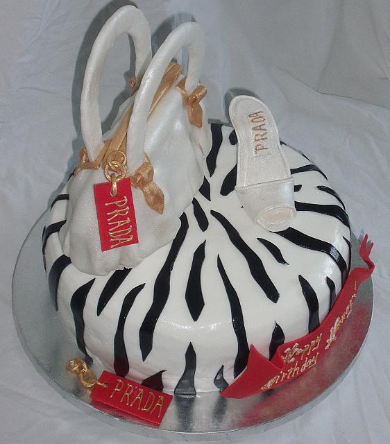 Red and White Purse, Shoe, Black Zebra Striped Cake top view