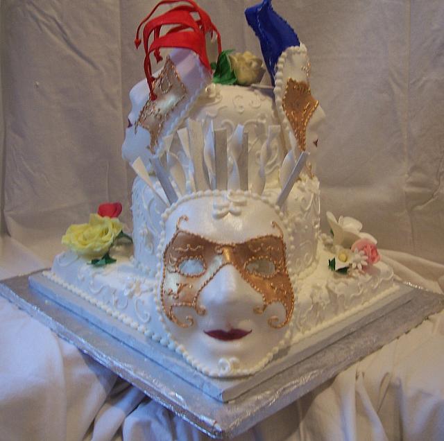 Mardi Gras cake with Gumpaste masks white mask