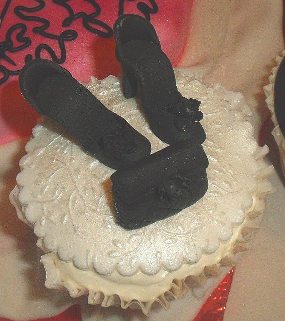 Edible Black Shoes and Black Purse on Cupcake