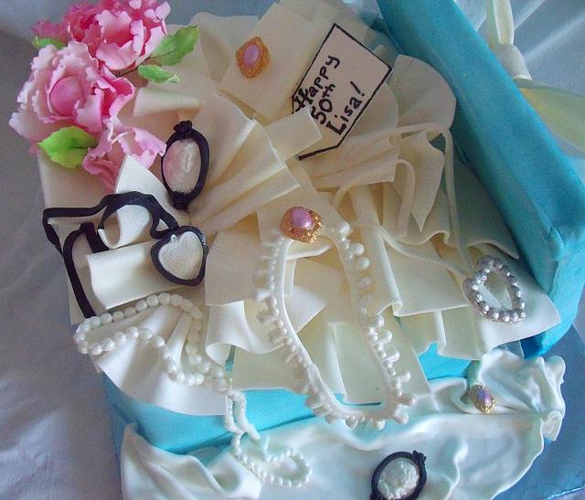 Tiffany Present Box Cake Contents of Edible Gumpaste Jewelry, Peony Bouquet, and Tissue