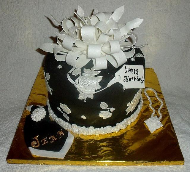 Black and White Present Fondant Cake with Edible Handkerchief and Necklace main view