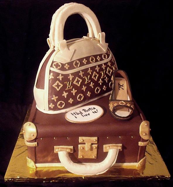 Fashionista Fondant Cake with Edible Louis Vuitton Luggage, Purse, and Shoe main view