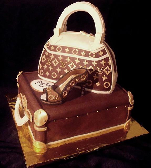 Fashionista Fondant Cake with Edible Louis Vuitton Luggage, Purse, and Shoe side view
