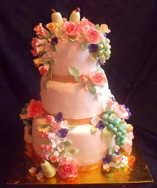 Fruit And Flowers Still Life Themed Tiered Fondant Birthday Cake front view