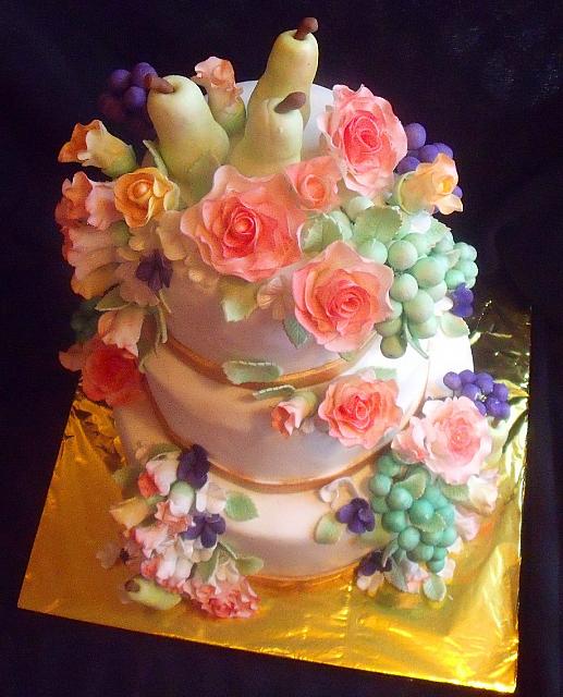 Fruit And Flowers Still Life Themed Tiered Fondant Birthday Cake view from top