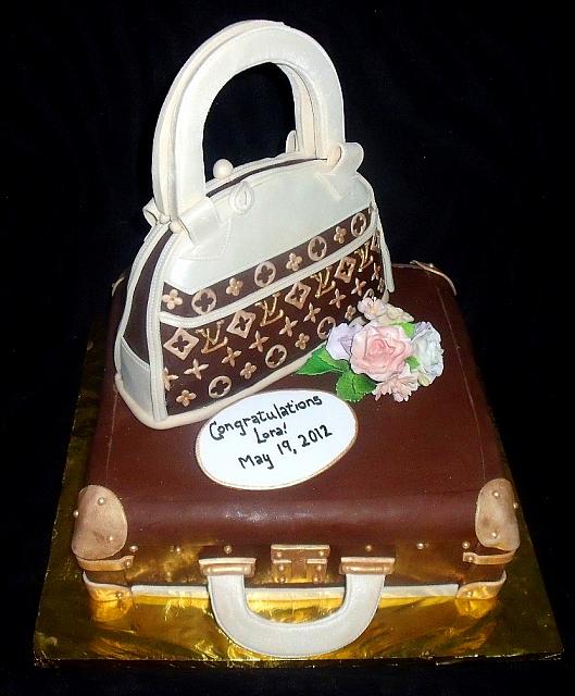 Designer Purse on Luggage Fondant Cake with Edible Gumpaste Floral Bouquet main view