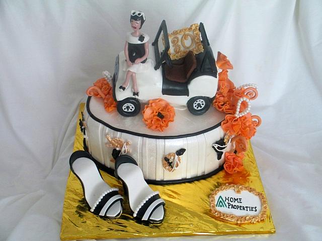 Edible Jeep, Edible Shoes, Edible Brooches Jewelry, Orange Fantasy Flowers Fondant Fashion Cake front view