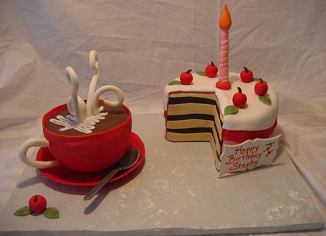 Birthday Cake And Coffee or Hot Mug of Cocoa