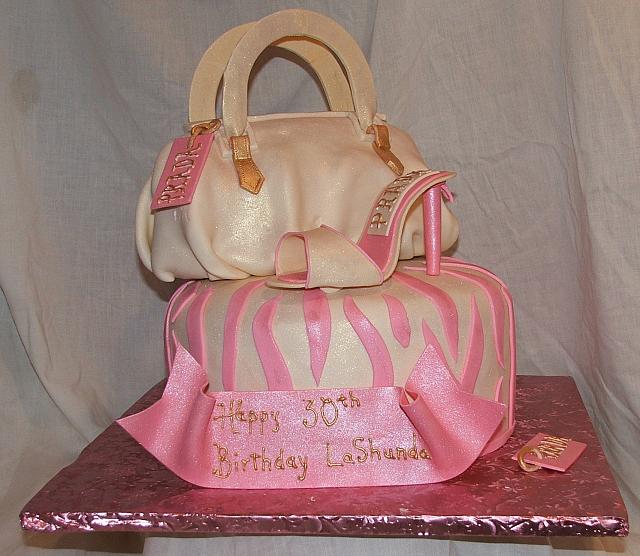 Pink and Ivory Designer Purse Cake with designer shoes and zebra striped cake