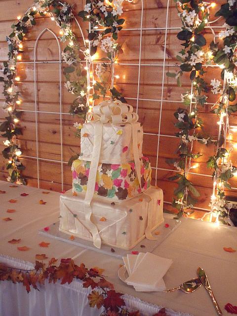 Fall Leaves Stacked Presents Wedding Cake main view