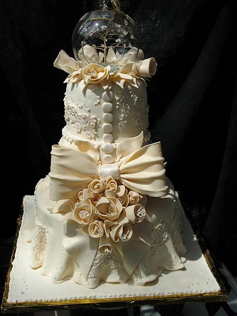 Ivory Lace Anniversary Tiered Fondant Cake with sunlight