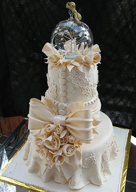 Ivory Lace Anniversary Tiered Fondant Cake Main