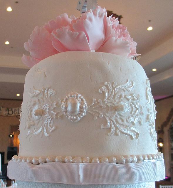 White On White Wedding Cake Damask Pattern With Gumpaste Jewel Center