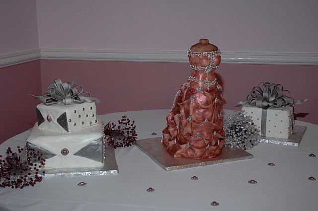 Bridal Dress Cake and Two Present Cakes