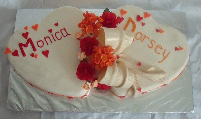 Wedding Cake of Two Hearts,  Red Gumpaste Roses,  Orange Hydrangea Gumpaste Flowers, top view