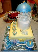 Baby Shower Cake For Boy with Sneakers, Baby Rattle, Umbrella, Baby Blocks, Baby Sleeping side 1
