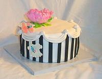 Baby Shower Cake with Paris Style Hatbox, Peony, and Baby Clothes view 2