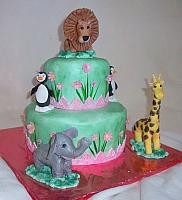 Zoo Animals Birthday Cake with Pink Flowers And Grass Side Design main view