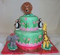 Zoo Animals Birthday Cake with Pink Flowers And Grass Side Design front