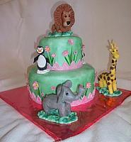 Zoo Animals Birthday Cake with Pink Flowers And Grass Side Design view 2