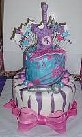 Hannah Montana Cake with Microphone, Exploding Stars, Zebra Stripes, and Large Bow front view