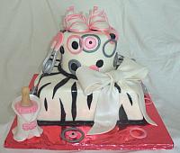 Whimsical Pink, Grey, Black, and White Zebra Striped Baby Shower Cake main view