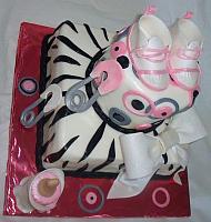 Whimsical Pink, Grey, Black, and White Zebra Striped Baby Shower Cake left side