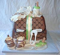 Baby Diaper Bag Fondant Cake for Boy with Edible Bib, Shoes, Bottle, Safety Pin, Pacifier