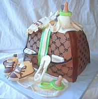 Green, Ivory, and Brown Baby Diaper Bag Fondant Cake view 1